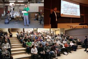 Photo: Three photos; Dr. Peter Willis with equipment and Dr. Willis lecturing