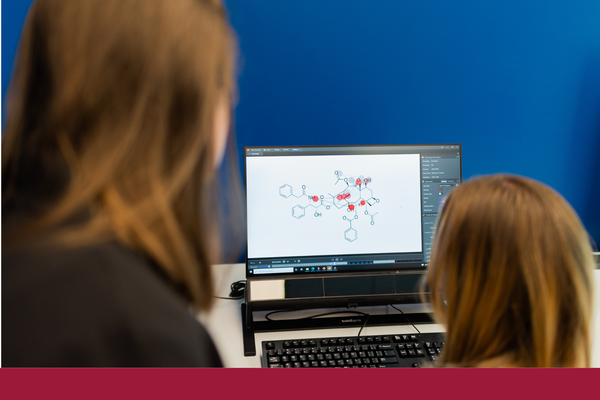 The back of a student and faculty member as they look at a computer monitor together which displays a chemical equation
