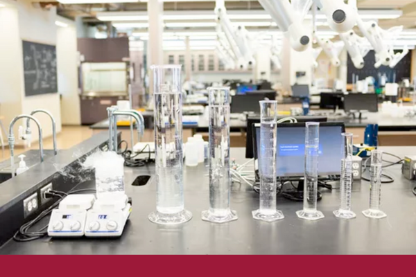 Chemistry vials on a counter in an undergraduate lab in Chernoff Hall