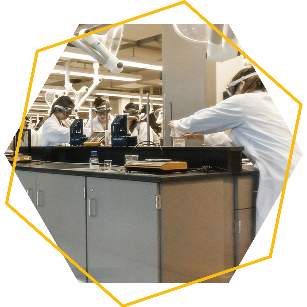 Students wearing protective equipment work together in a chemistry lab during a class