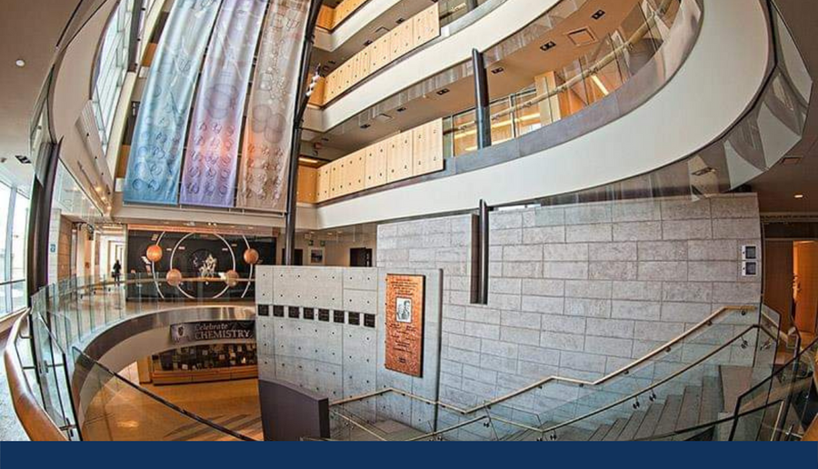 view of the first and second floor atrium from the main entrance of Chernoff Hall at Queen's University