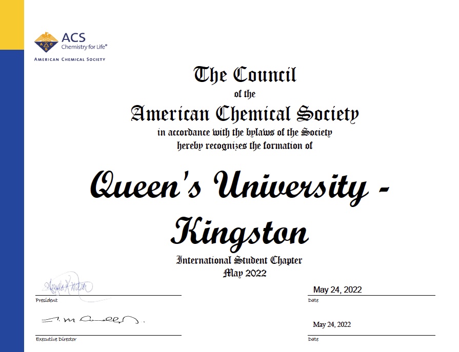 Photo: Queen's University Student Chapter of the American Chemical Society certification.